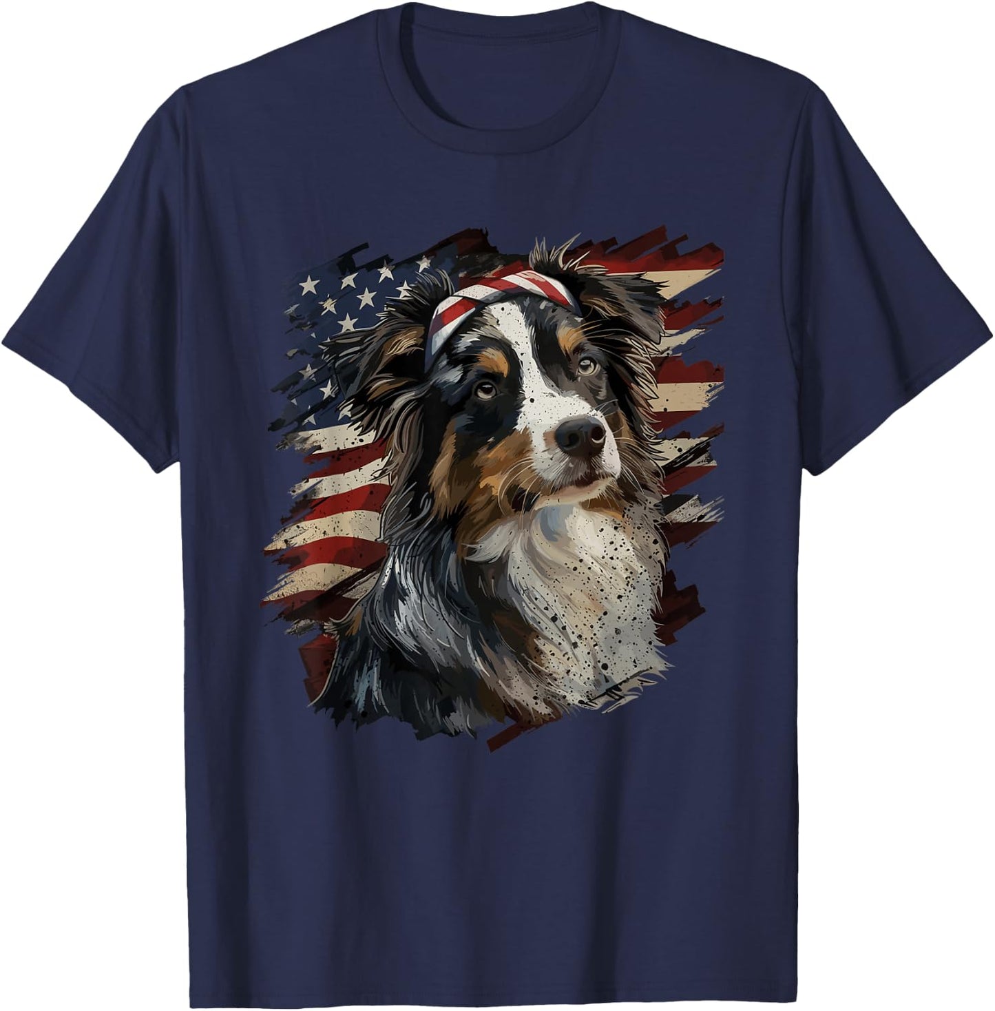 Australian Shepherd Patriotic 4th of July USA American Flag T-Shirt - T-Shirt | Navy