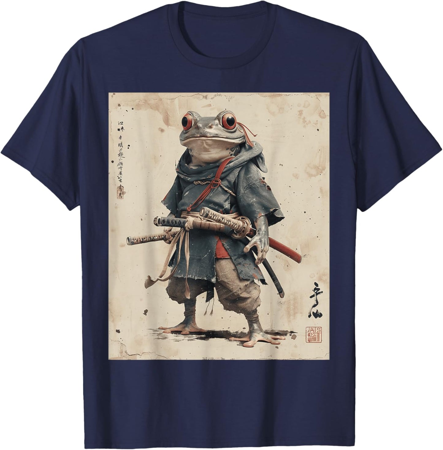 Samurai Frog Warrior Japanese Ukiyo-e Art Vintage Aesthetic T-Shirt - T-Shirt | Navy