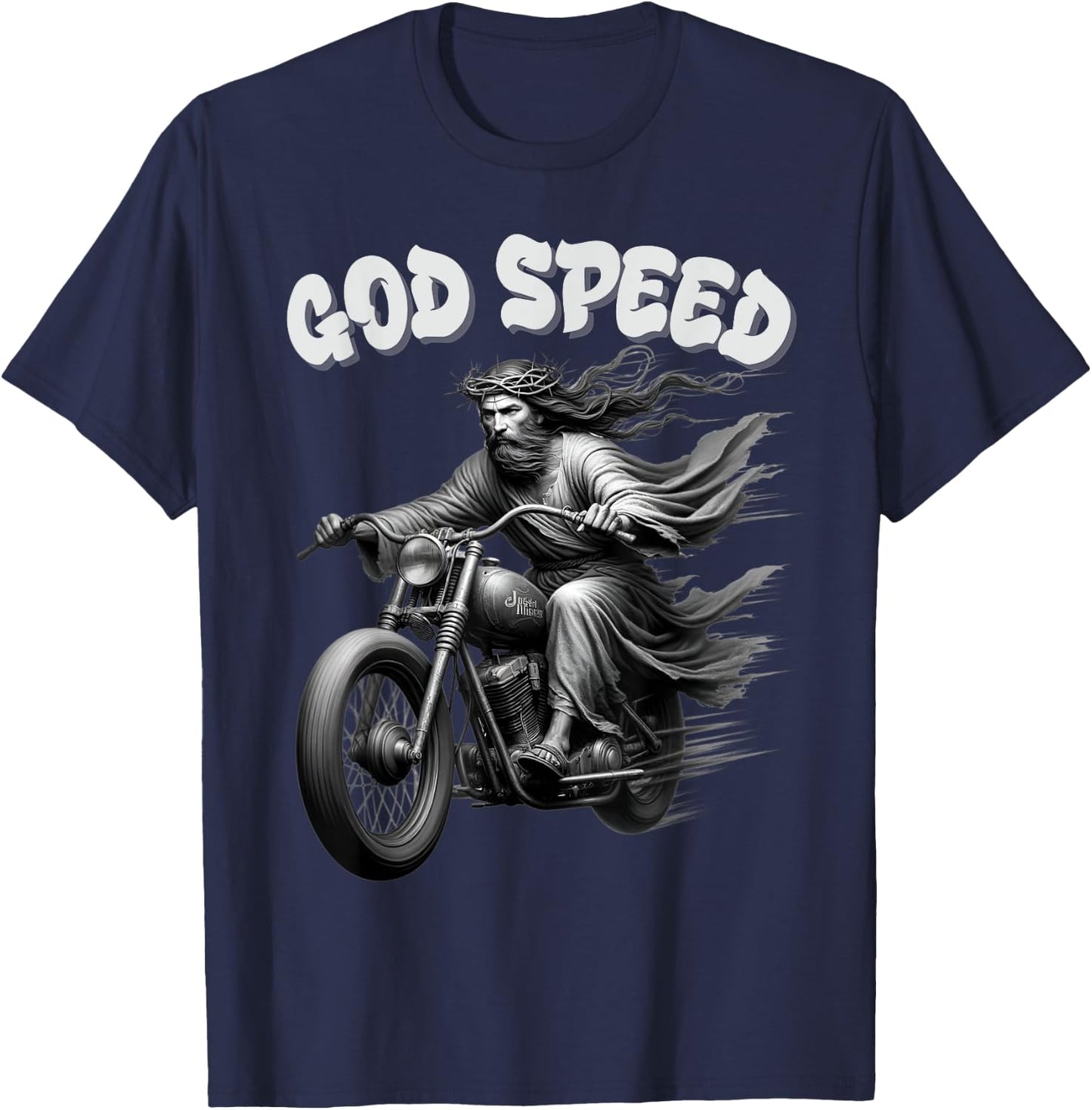 God speed Jesus on a Motorcycle Christian humour T-Shirt - T-Shirt | Navy