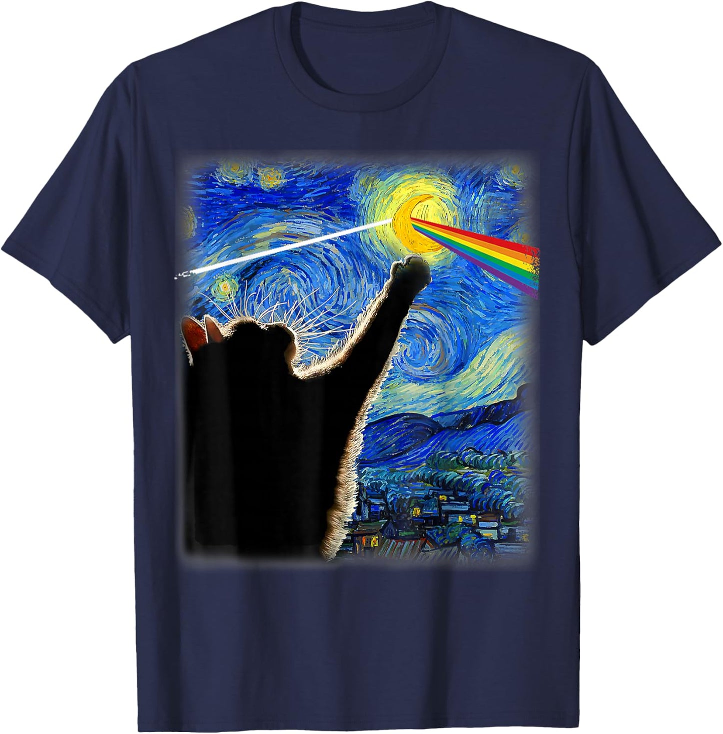 Cat Rock Music Cat Starry Night Van Gogh Art Funny Cat Gifts Women Kids T-Shirt - T-Shirt | Navy