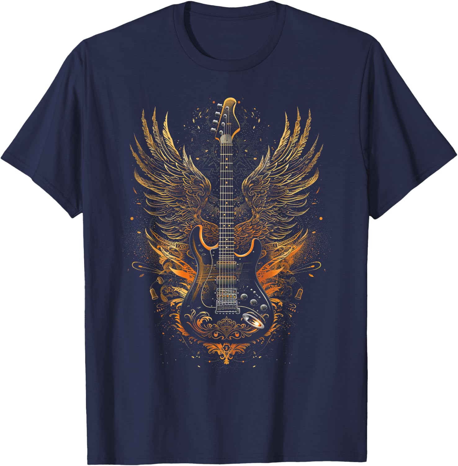 Electric Guitar with Wings Baroque Rock Design Art T-Shirt - T-Shirt | Navy