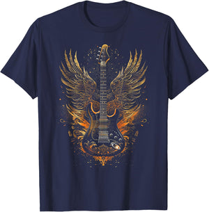 Electric Guitar with Wings Baroque Rock Design Art T-Shirt - T-Shirt | Navy