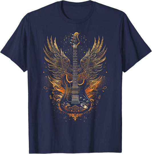 Electric Guitar with Wings Baroque Rock Design Art T-Shirt - T-Shirt | Navy