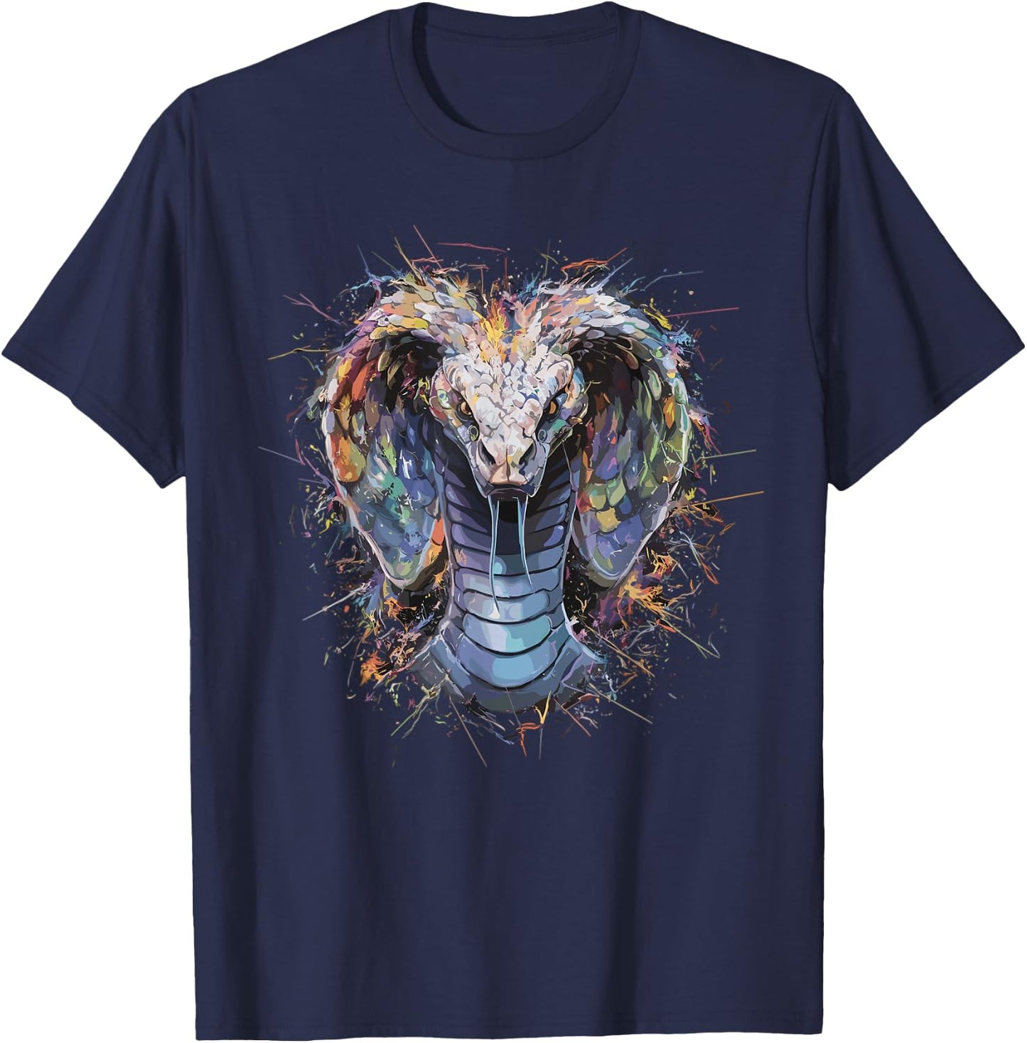 Colorful Paint Splash Menacing Cobra Snake Art Graphic T-Shirt - T-Shirt | Navy