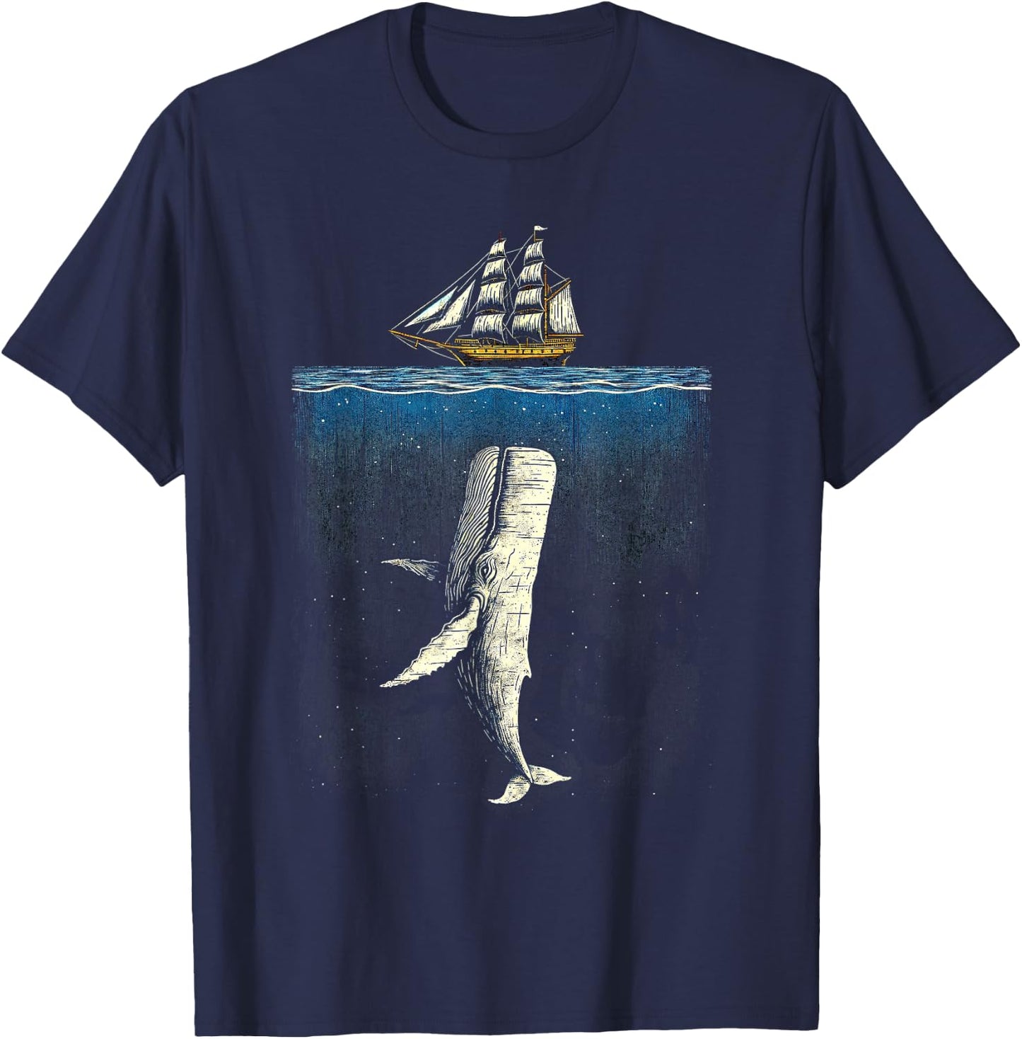 Moby Dick Inspired Threatening Whale and Ship Artwork T-Shirt - T-Shirt | Navy