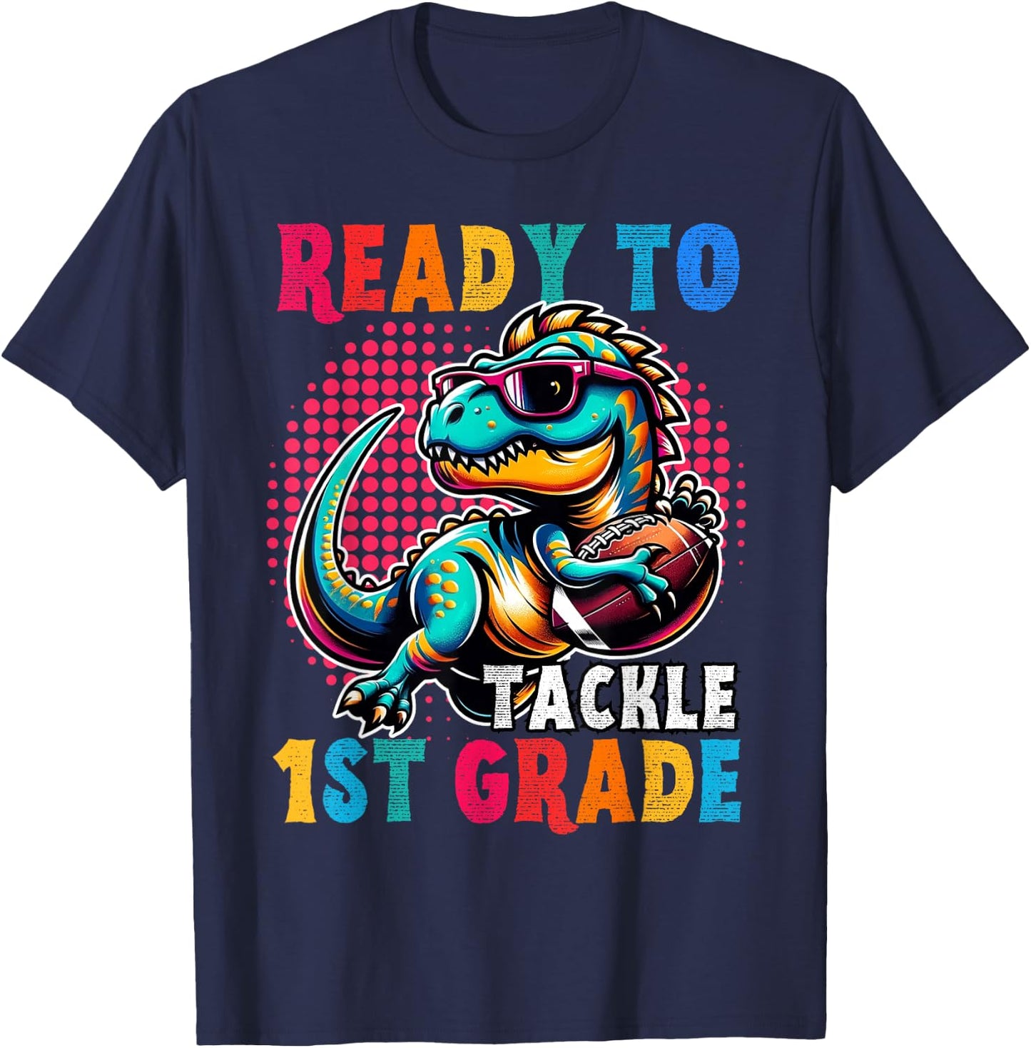 First Day Back to School 1st Grade Boys Football Dinosaur T-Shirt - T-Shirt | Navy