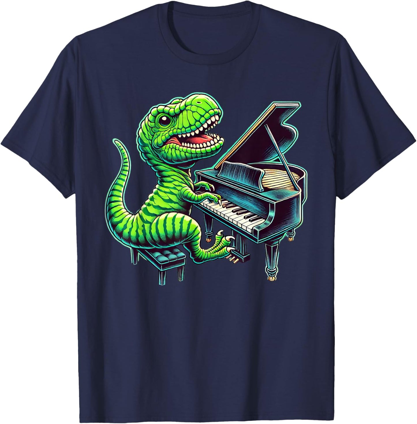 T-Rex Dinosaur Playing Piano Musician Music T-Shirt - T-Shirt | Navy