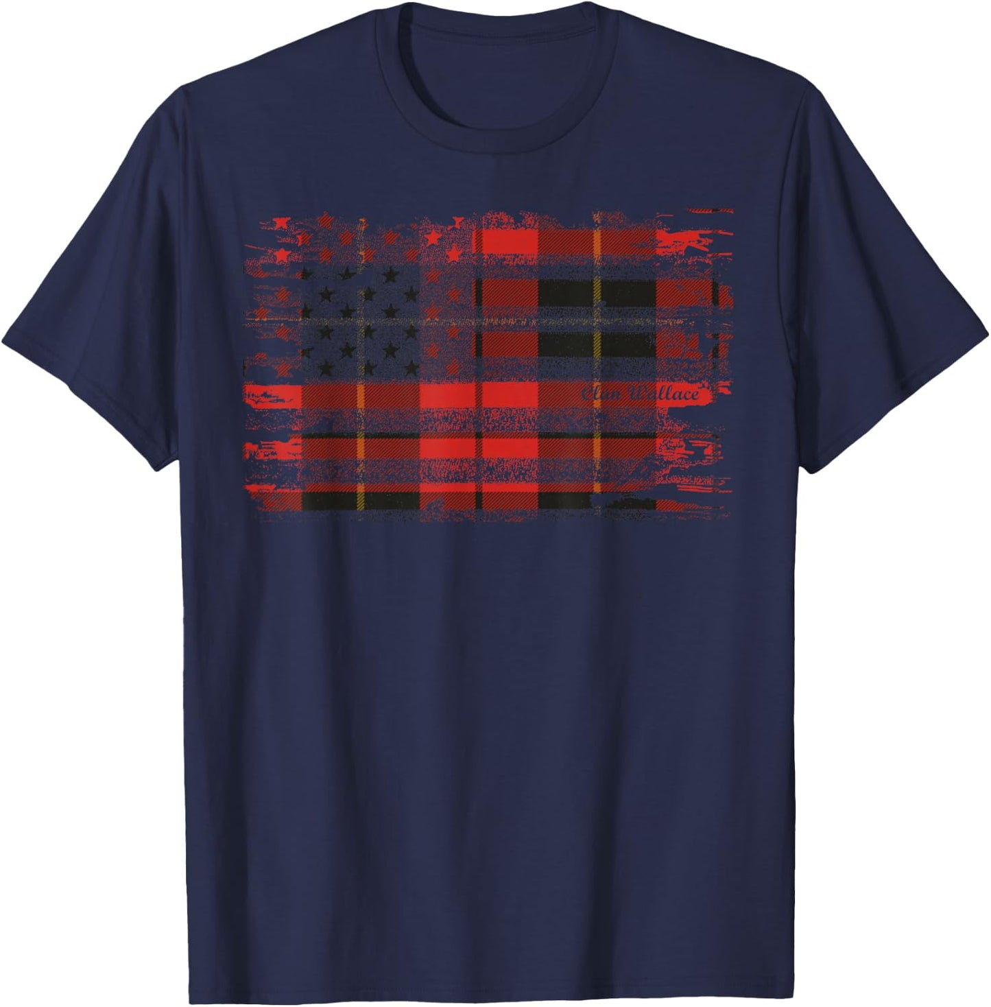 Clan Wallace American Flag Scottish Tartan T-Shirt - T-Shirt | Navy