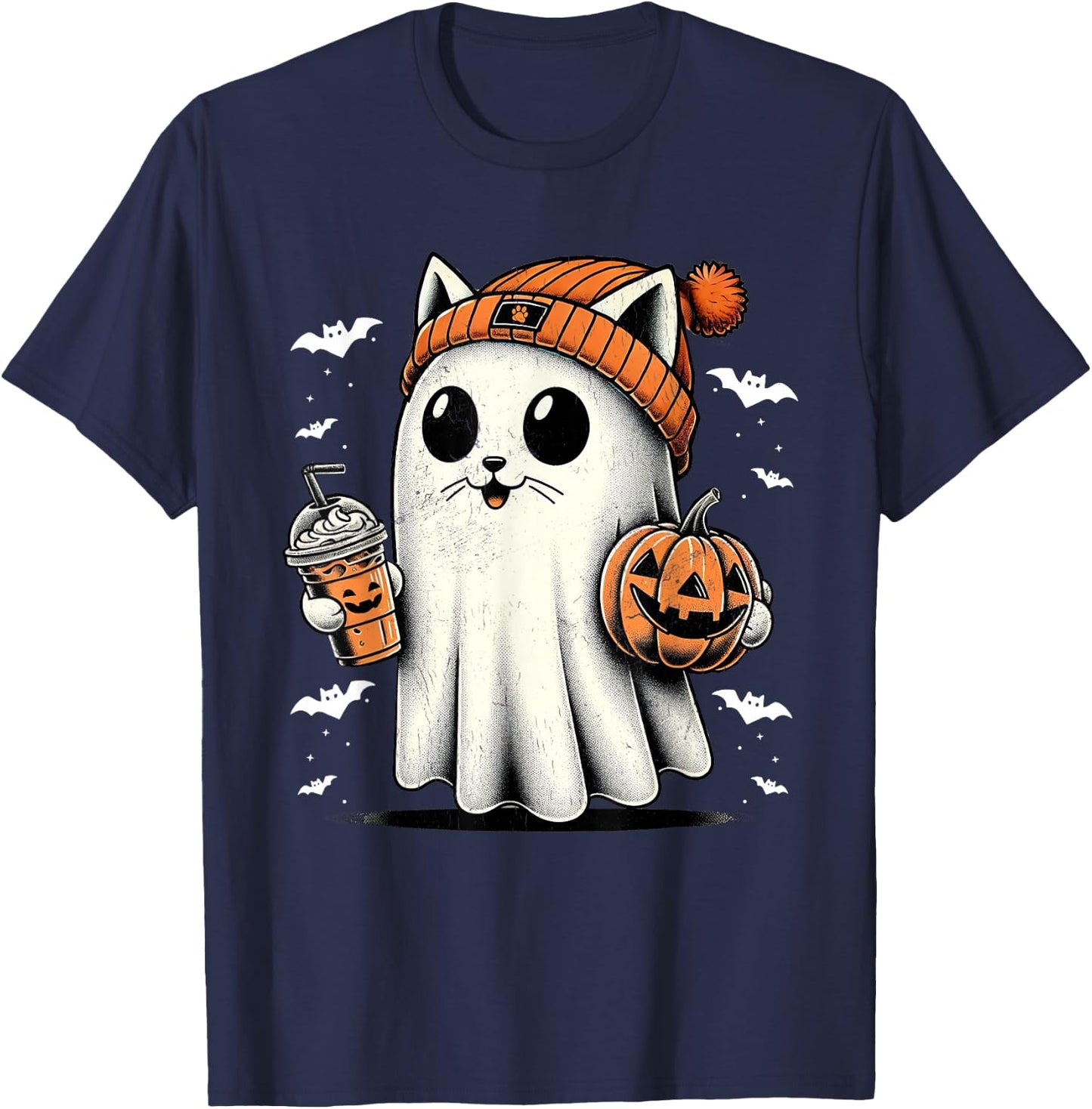 Cute Cat Ghost Iced Coffee Funny Ghost Halloween Ice Coffee T-Shirt - T-Shirt | Navy