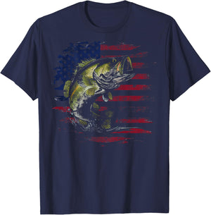 American Flag Camo Bass Fish Fishing Fisherman (on back) T-Shirt - T-Shirt | Navy