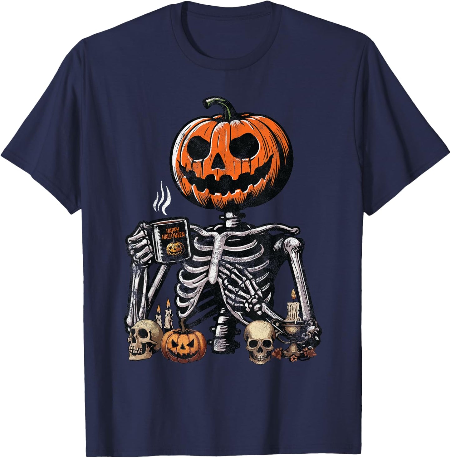 Skeleton Pumpkin Coffee Drinking Funny Halloween Costume T-Shirt - T-Shirt | Navy
