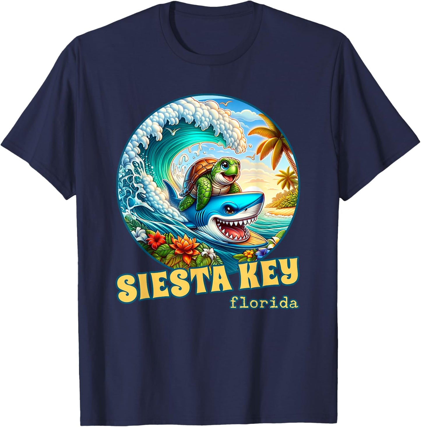 Siesta Key Florida Surfing Sea Turtle and Shark T-Shirt - T-Shirt | Navy
