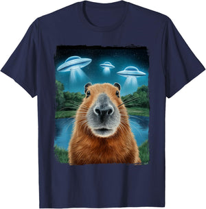 Capybara Selfie with UFOs T-Shirt - T-Shirt | Navy