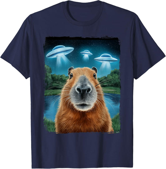 Capybara Selfie with UFOs T-Shirt - T-Shirt | Navy