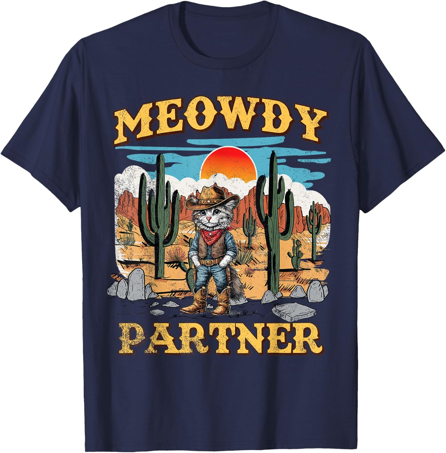 Meowdy Partner Western Cowboy Vintage Cat T-Shirt - T-Shirt | Navy