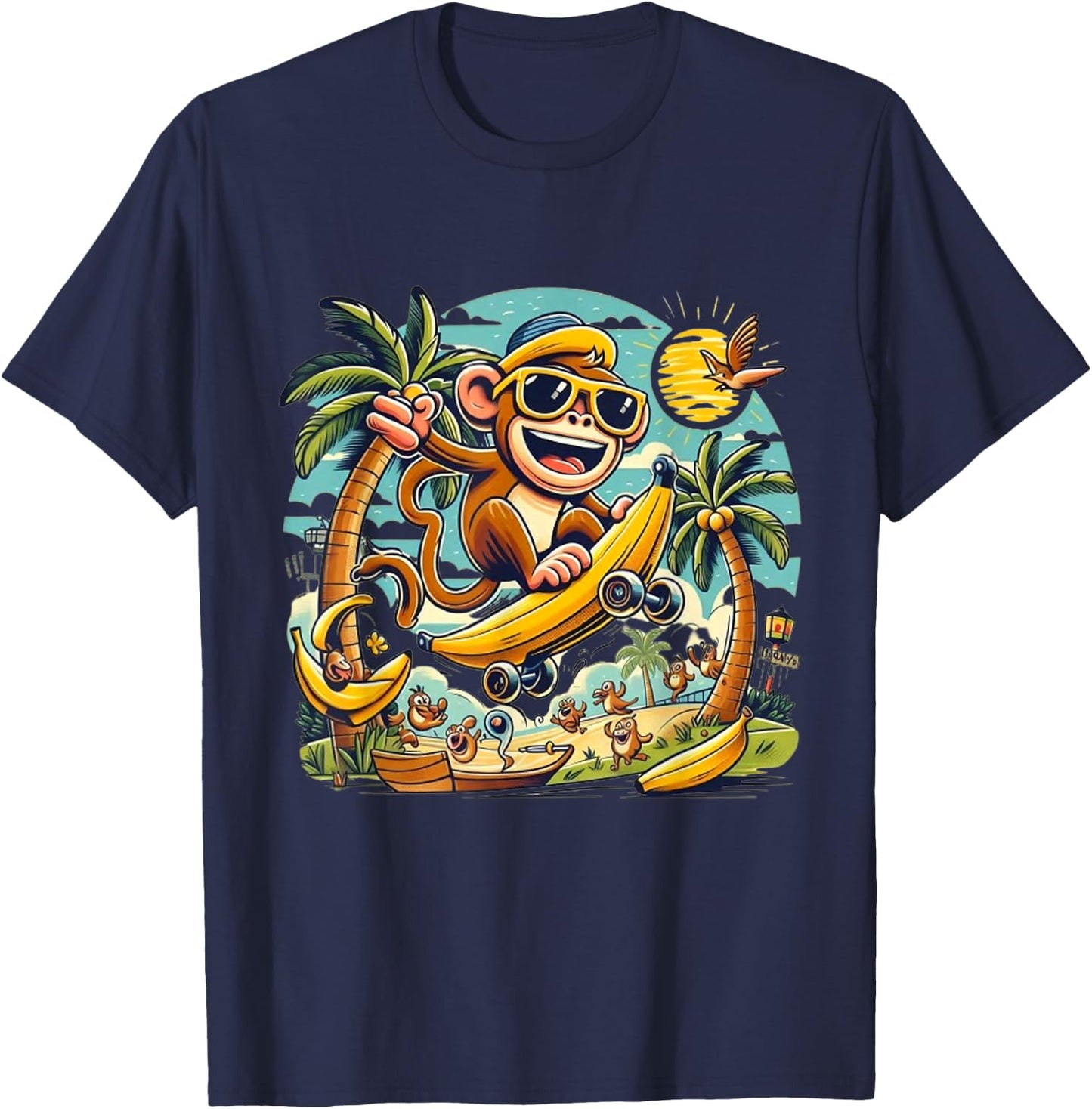 Cute Monkey Eat Banana & Skate for Skateboarding Lovers T-Shirt - T-Shirt | Navy