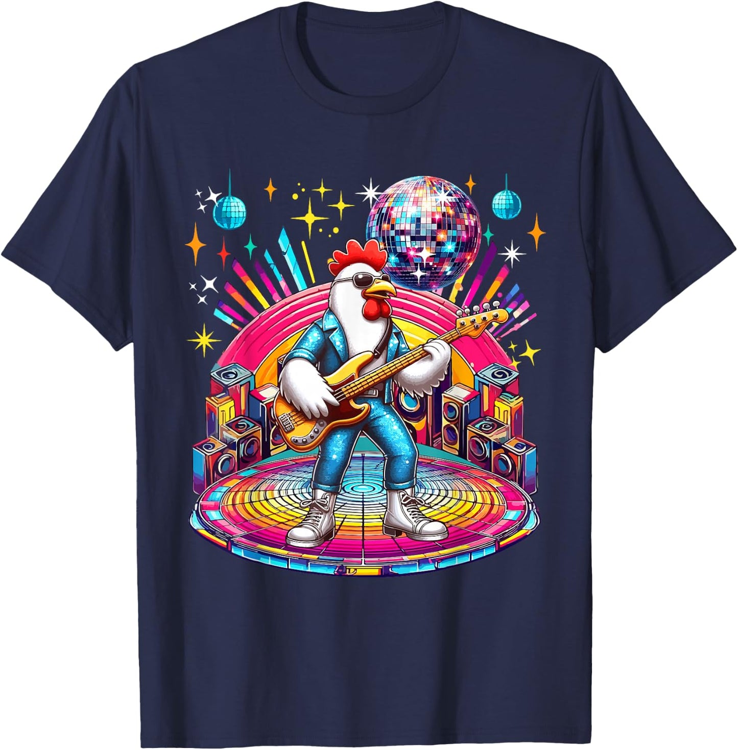 Chicken Sunglasses Playing Guitar Colourful Costume Disco T-Shirt - T-Shirt | Navy
