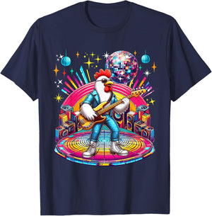 Chicken Sunglasses Playing Guitar Colourful Costume Disco T-Shirt - T-Shirt | Navy