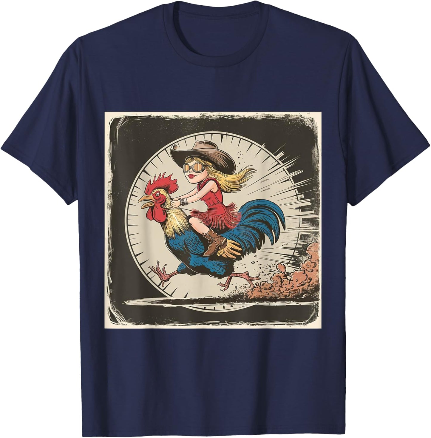 Funny Vintage Distressed Cowgirl Riding Chicken Rooster T-Shirt - T-Shirt | Navy