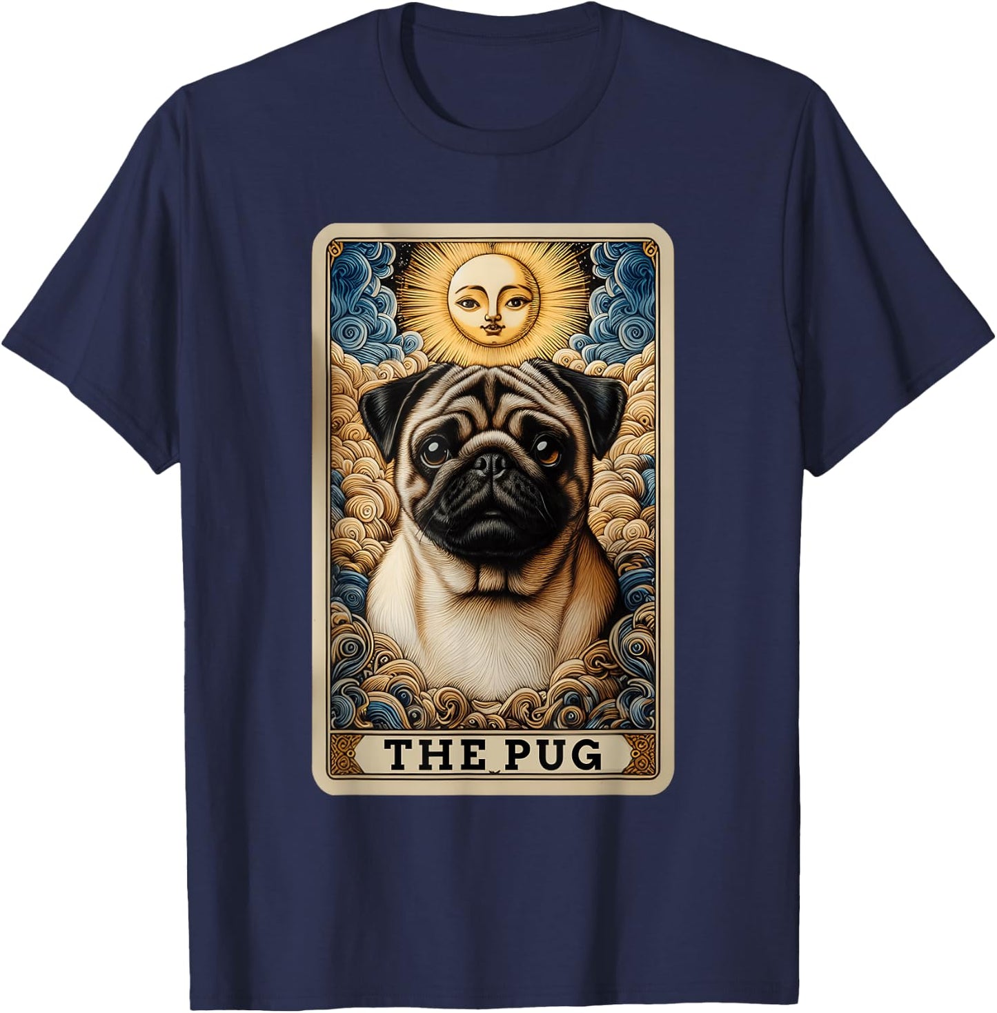 The Pug Tarot Card Dog Pug Dogs -Adult , Black, Small, Short Sleeve, Cartoon Dog Theme, Casual, Playful T-Shirt - T-Shirt | Navy