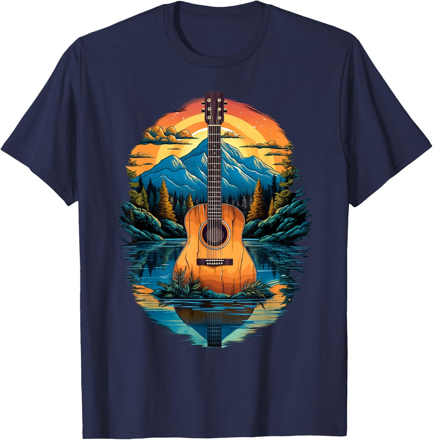Acoustic Guitar Sunset By The Lake T-Shirt - T-Shirt | Navy