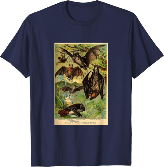 Vampire Bat -Fruit Bat Vintage Colorful Realistic Lithograph T-Shirt - T-Shirt | Navy