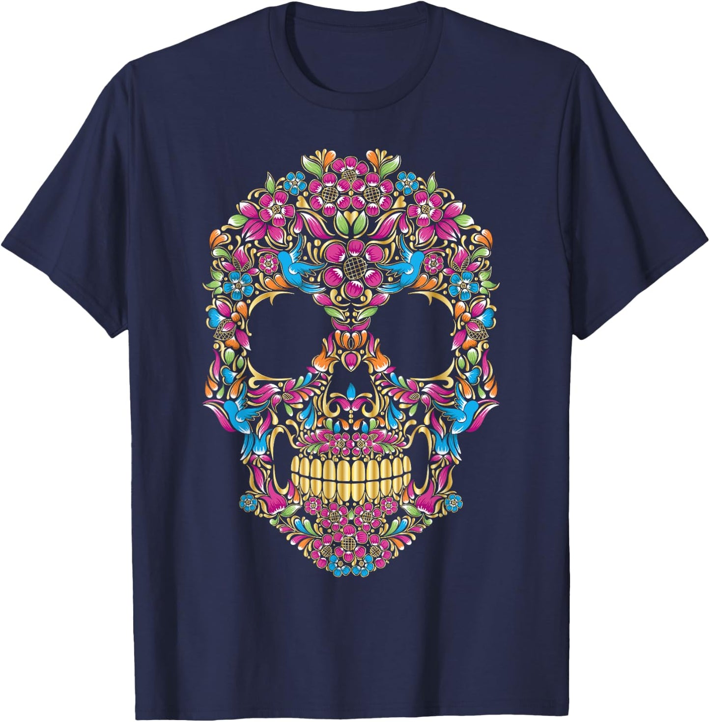 Colourful sugar skulls with flowers and birds | Camiseta T-Shirt - T-Shirt | Navy