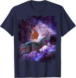 Chicken Riding Dinosaur In Space - Rainbow T-Shirt - T-Shirt | Navy