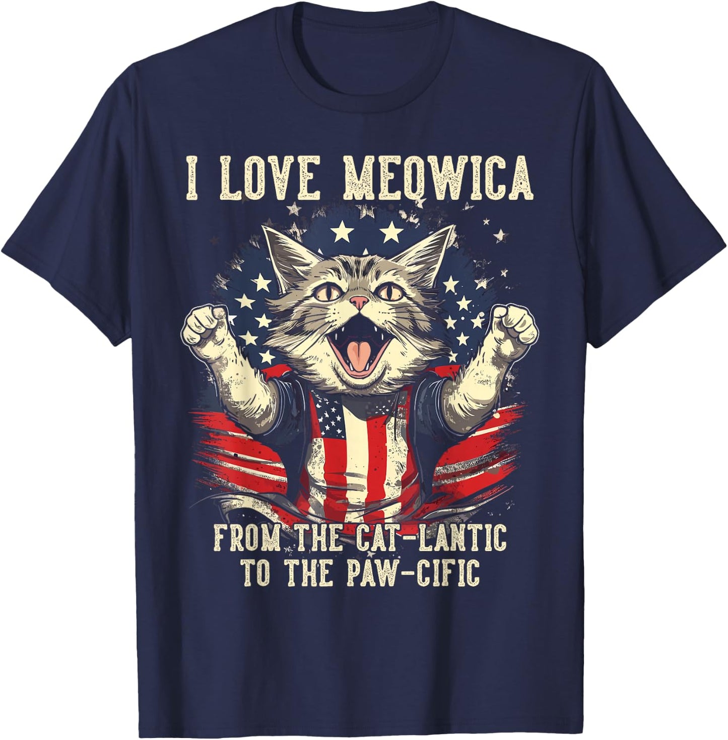 4th July Cat Lover, I Love Meowica Patriotic Funny Happy Cat T-Shirt - T-Shirt | Navy