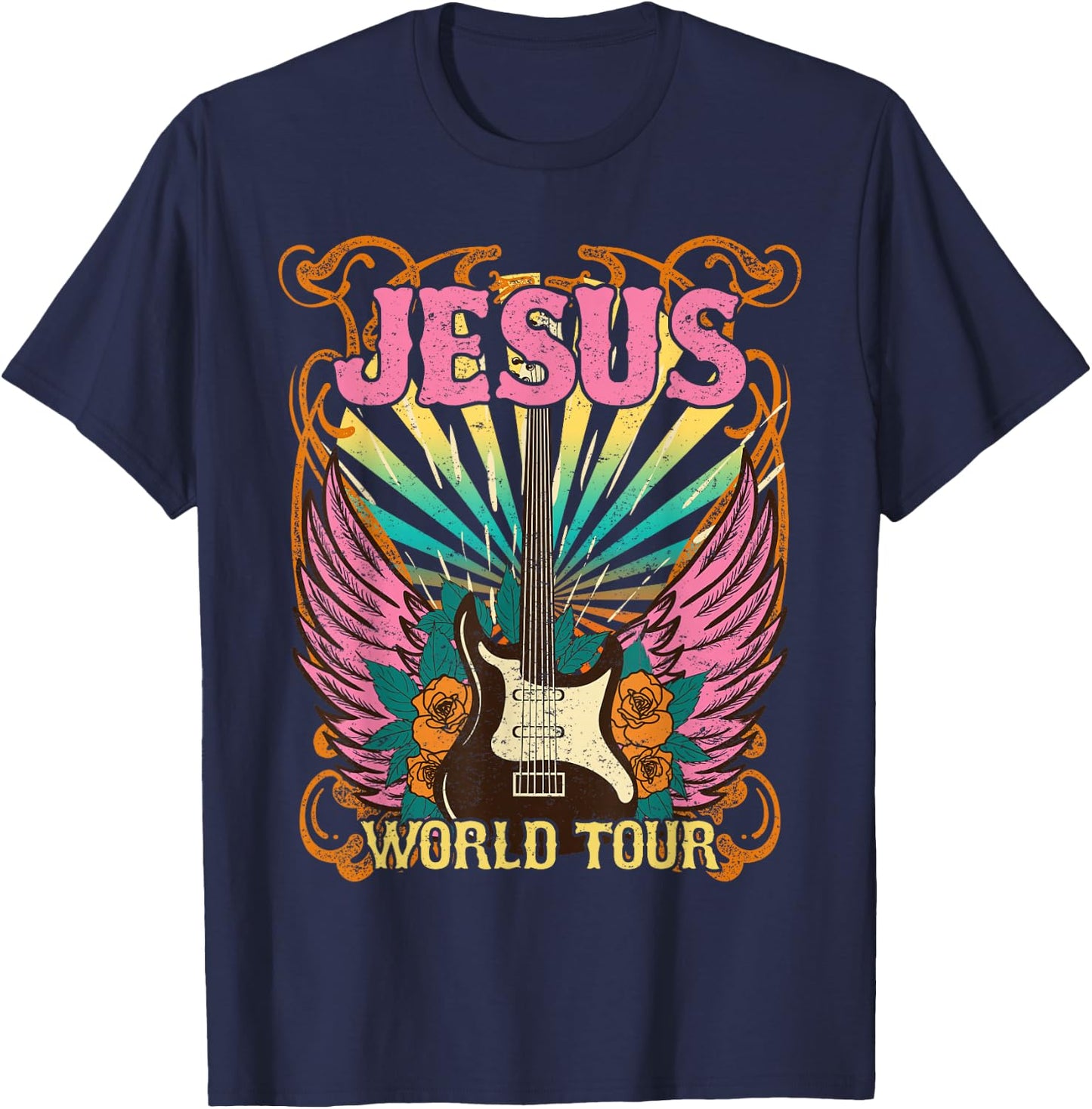 Jesus World Tour Retro 70s 80s Rock Concert Guitar Christian T-Shirt - T-Shirt | Navy