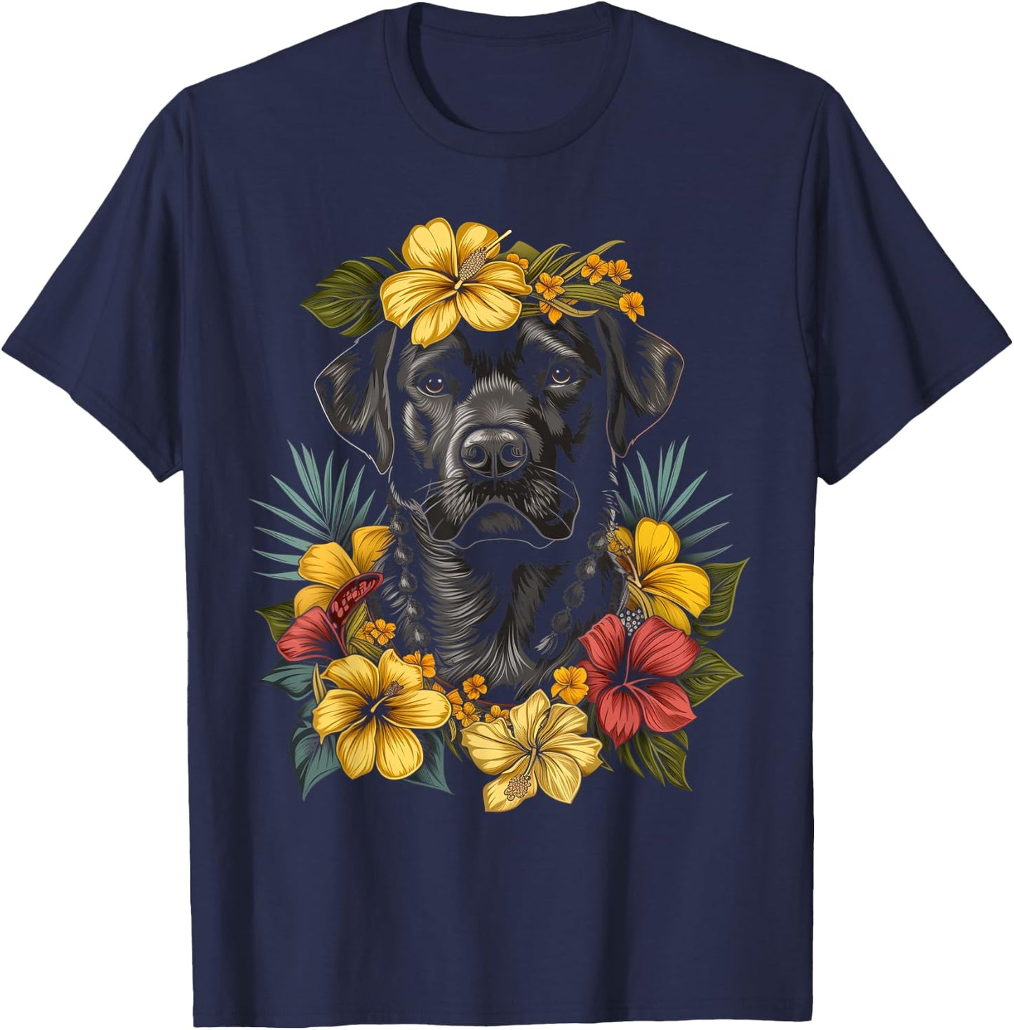 Labrador Hawaiian Flowers Hibiscus Hula Hawaii Black Lab Dog Women Kids T-Shirt - T-Shirt | Navy