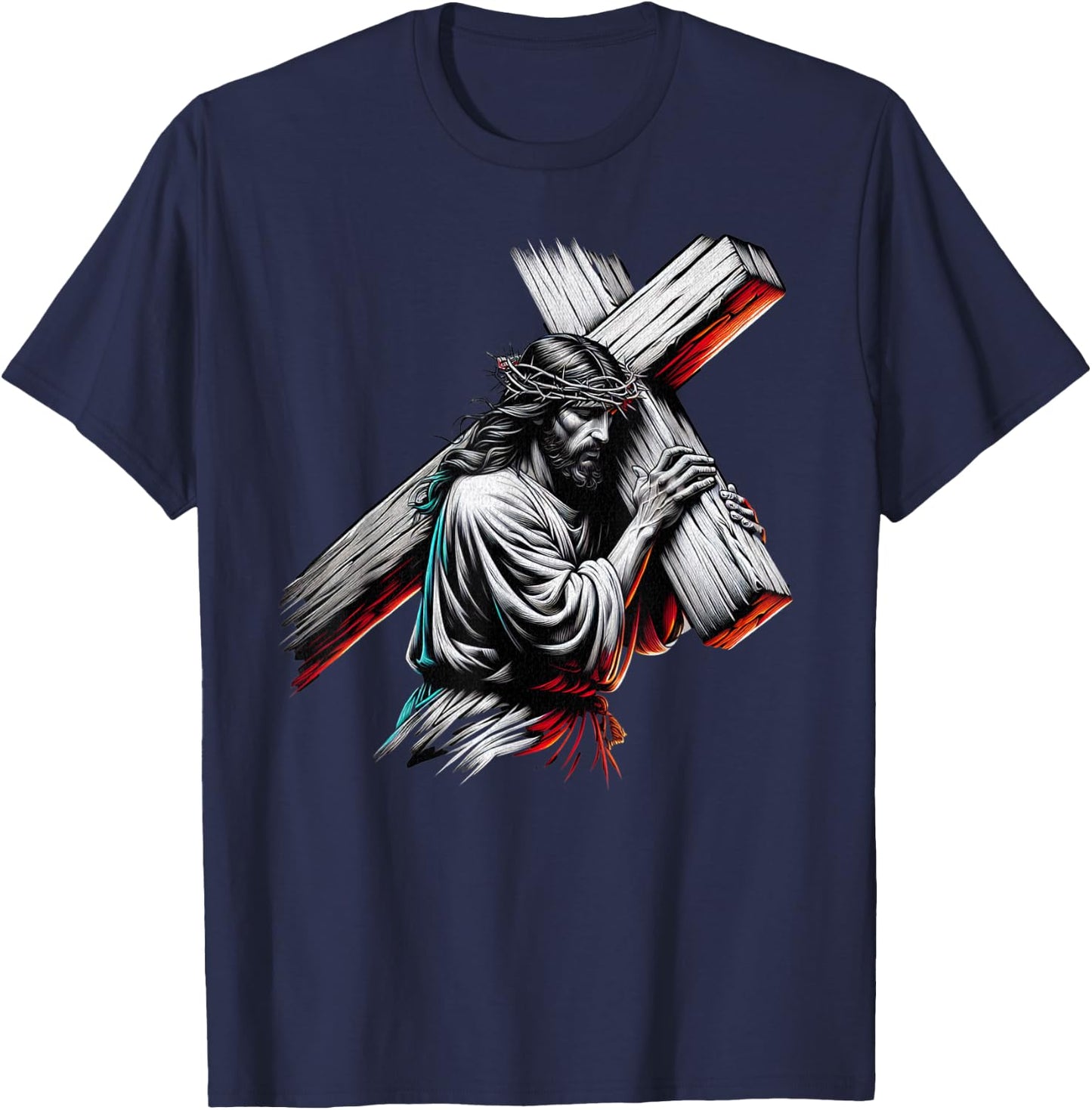 Jesus Christ of Nazareth Carrying the Cross, Crown of Thorns T-Shirt - T-Shirt | Navy