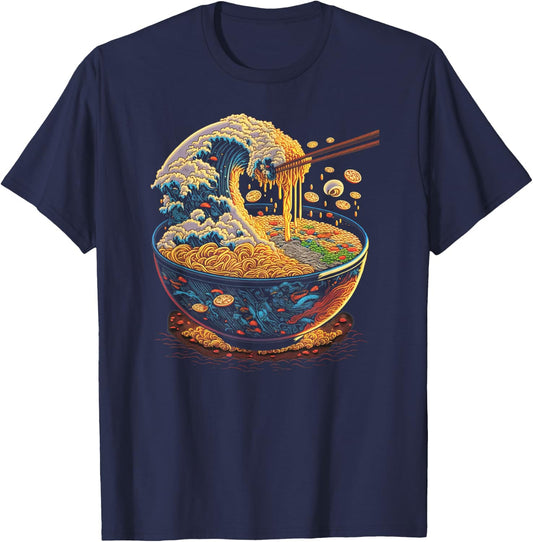 Japanese Kanagawa Wave Ramen Graphic Retro Anime Noodles Art T-Shirt - T-Shirt | Navy