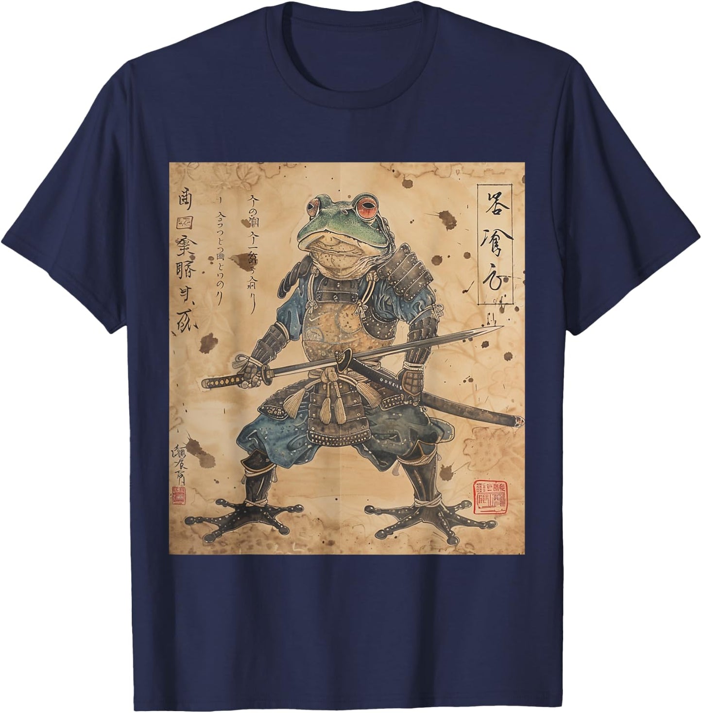 Japanese Samurai Frog In Ukiyo-e Woodblock Style T-Shirt - T-Shirt | Navy