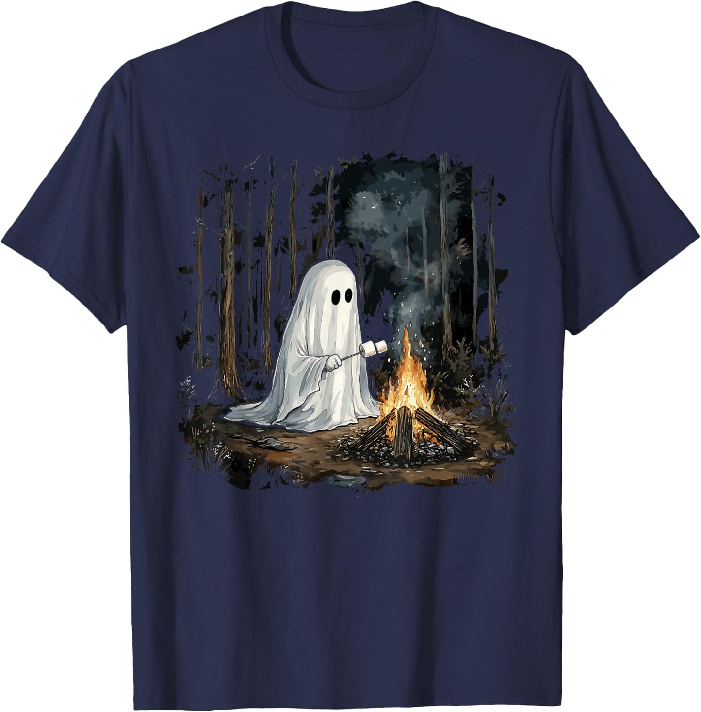 Vintage Floral Ghost Halloween Ghost in the Forest Gothic T-Shirt - T-Shirt | Navy