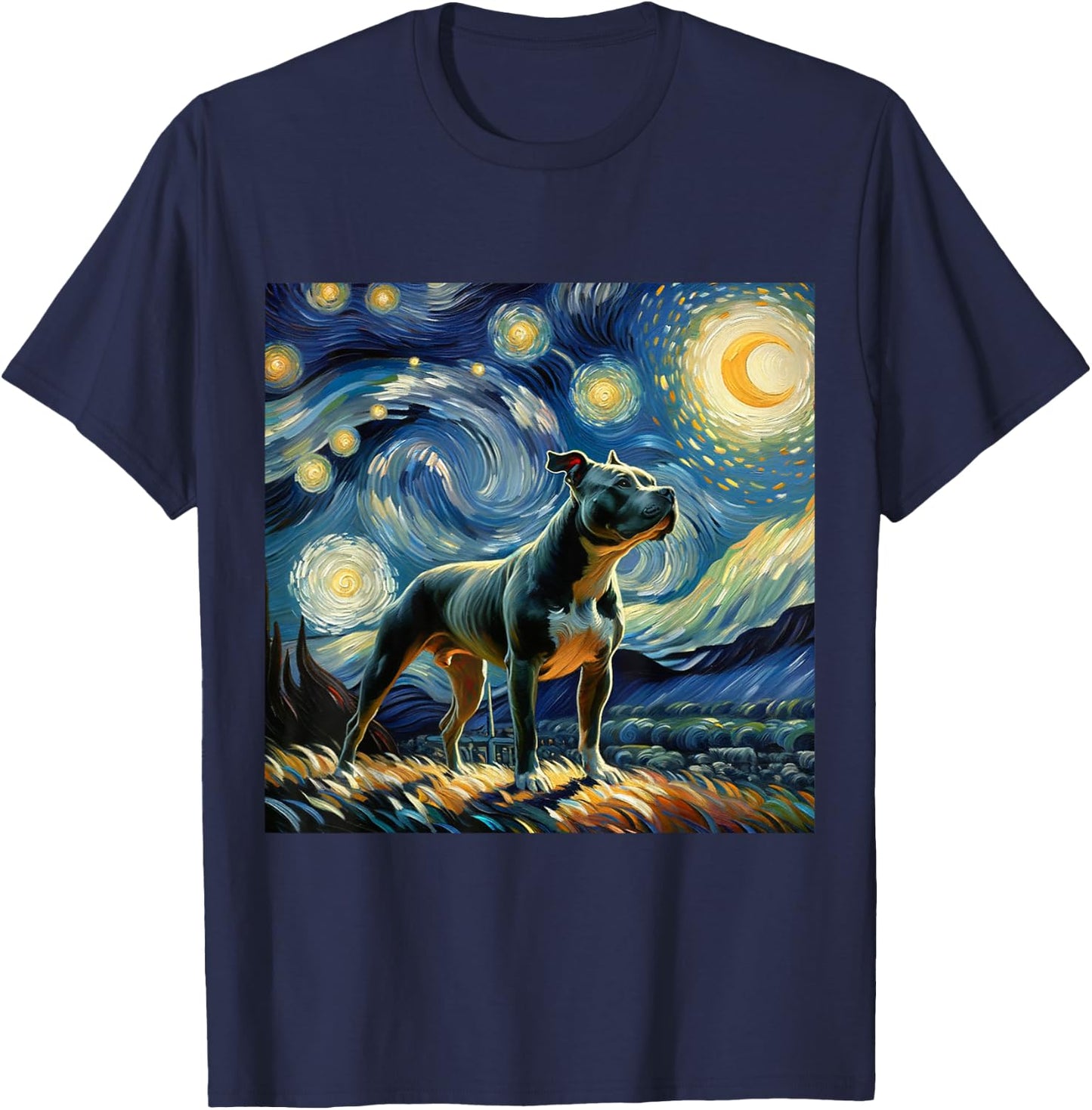 Pitbull Starry Night Shirt Vincent Van Gogh Art Dog T-Shirt - T-Shirt | Navy