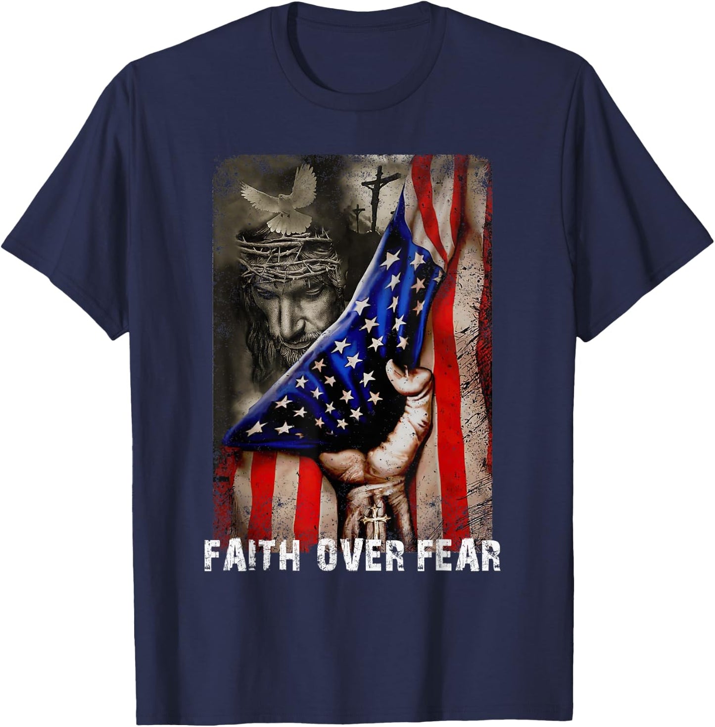 Vintage Faith Over Fear God Jesus Christian Flag 4th Of July Kids Men T-Shirt - T-Shirt | Navy