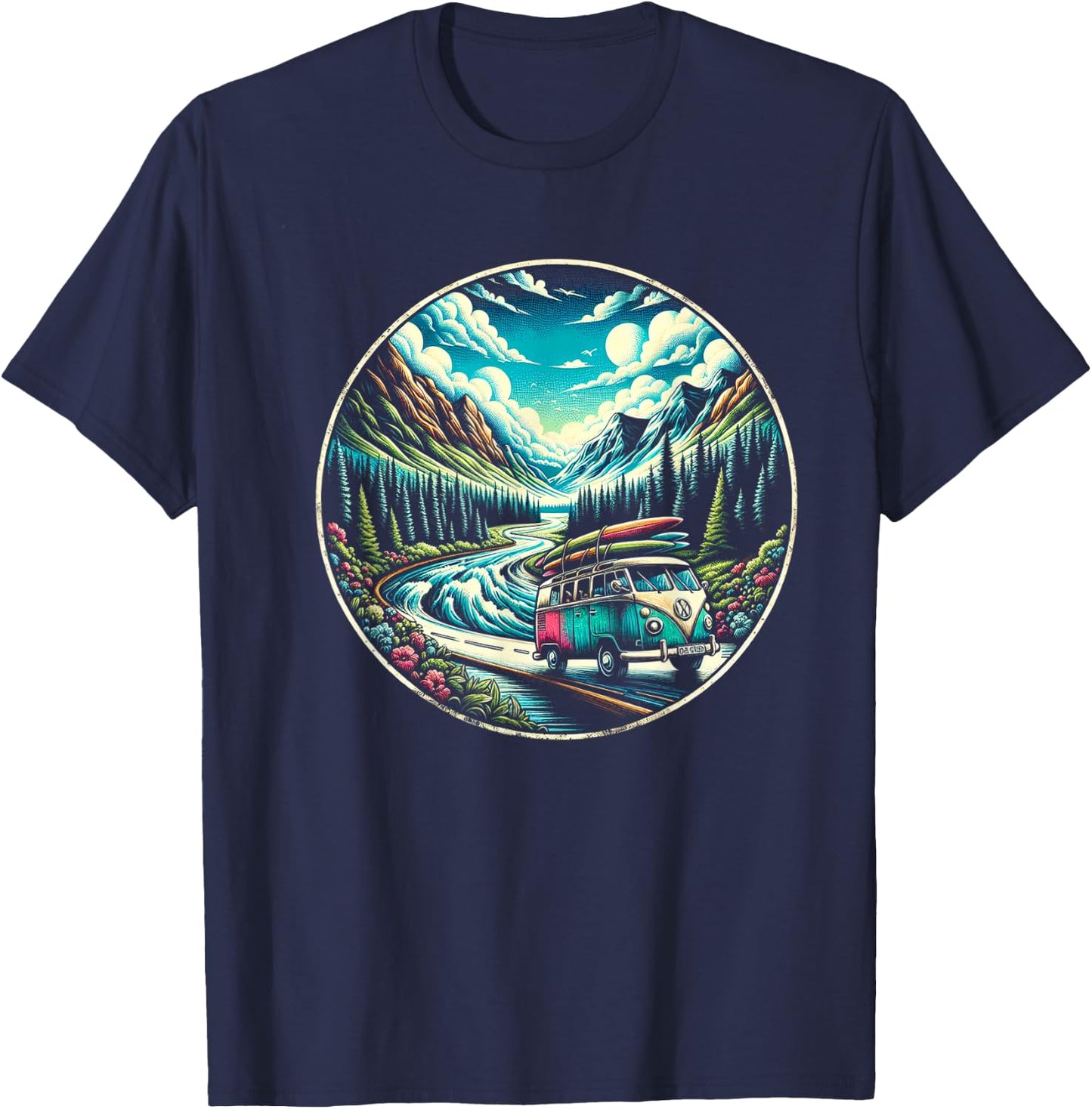Classic Van Adventure in Scenic Mountains T-Shirt - T-Shirt | Navy