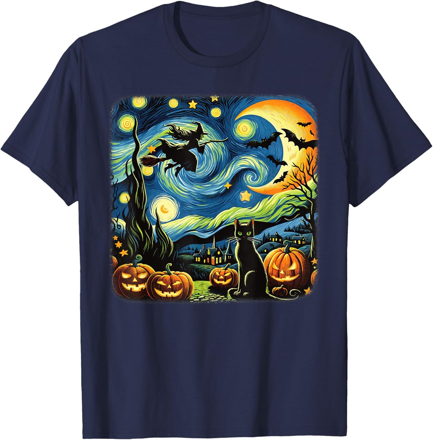 Halloween Witch Van Gogh Starry Night Black Cat Pumpkin Bats T-Shirt - T-Shirt | Navy