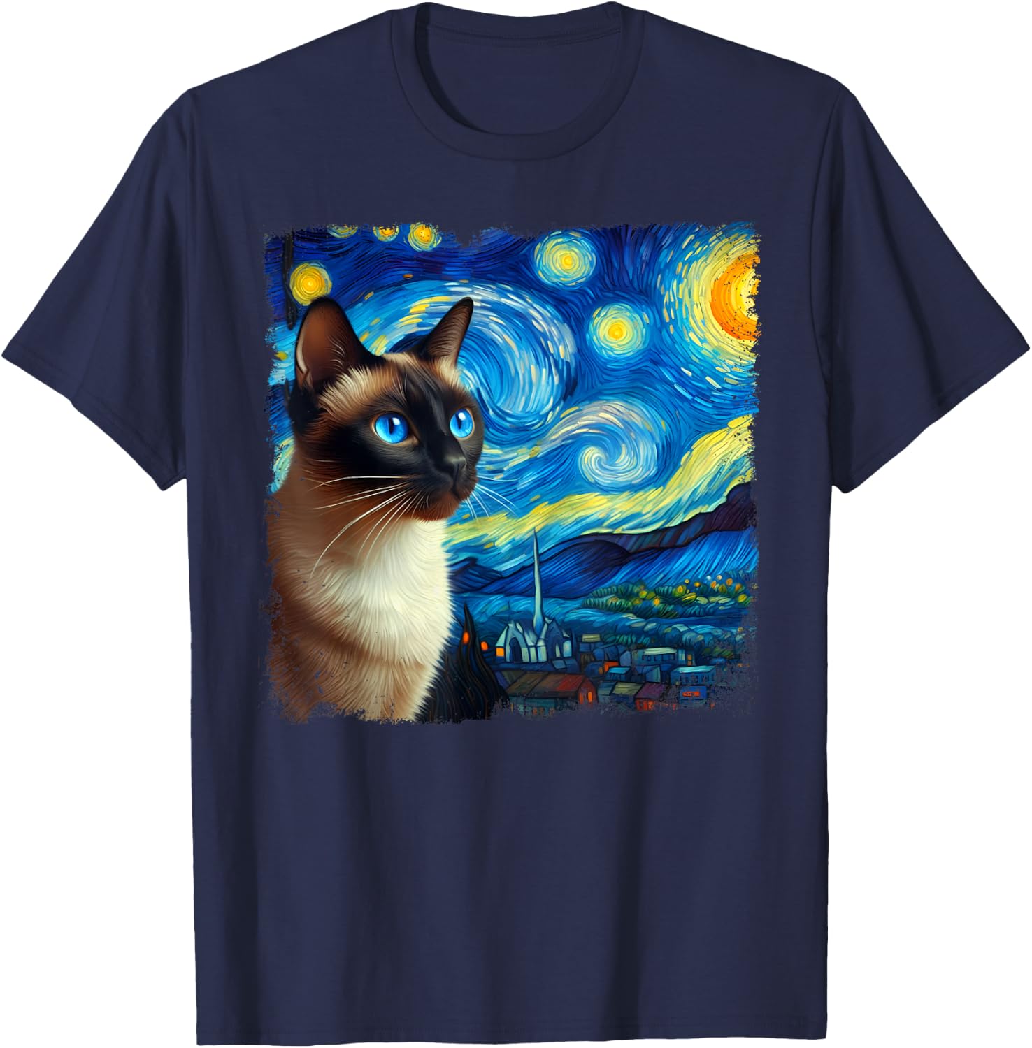 Funny Cute Siamese Cat Starry Night Van Gogh Painting T-Shirt - T-Shirt | Navy