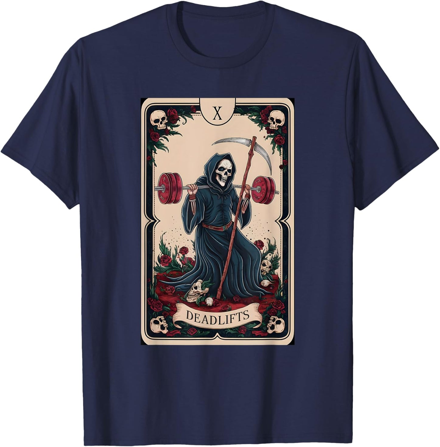 Tarot Card Grim Reaper Deadlifts Workout Gym Occult Reader T-Shirt - T-Shirt | Navy