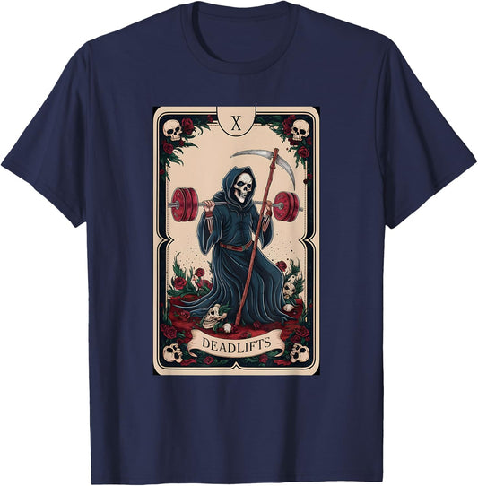 Tarot Card Grim Reaper Deadlifts Workout Gym Occult Reader T-Shirt - T-Shirt | Navy