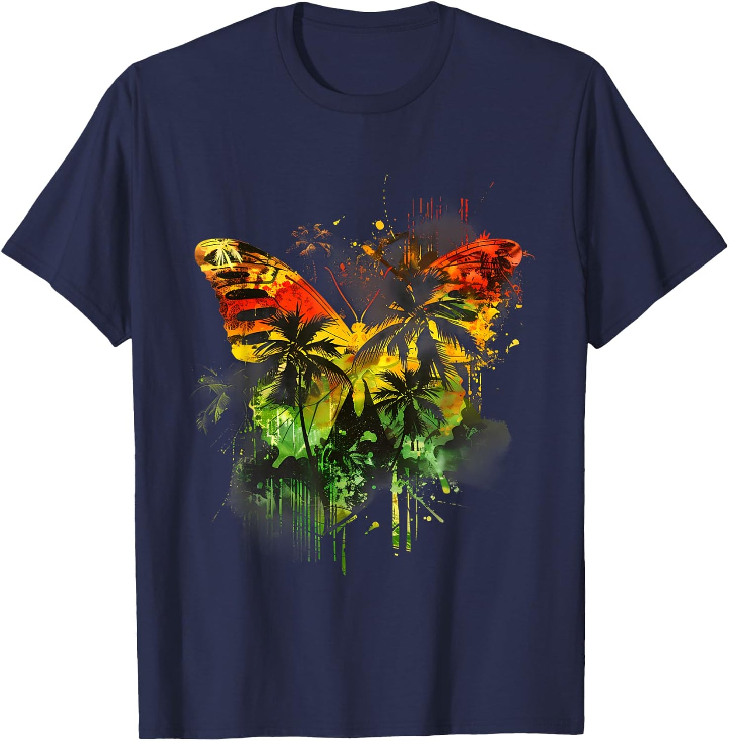 Rasta Reggae Butterfly Jamaican Music Roots Rastafari T-Shirt - T-Shirt | Navy