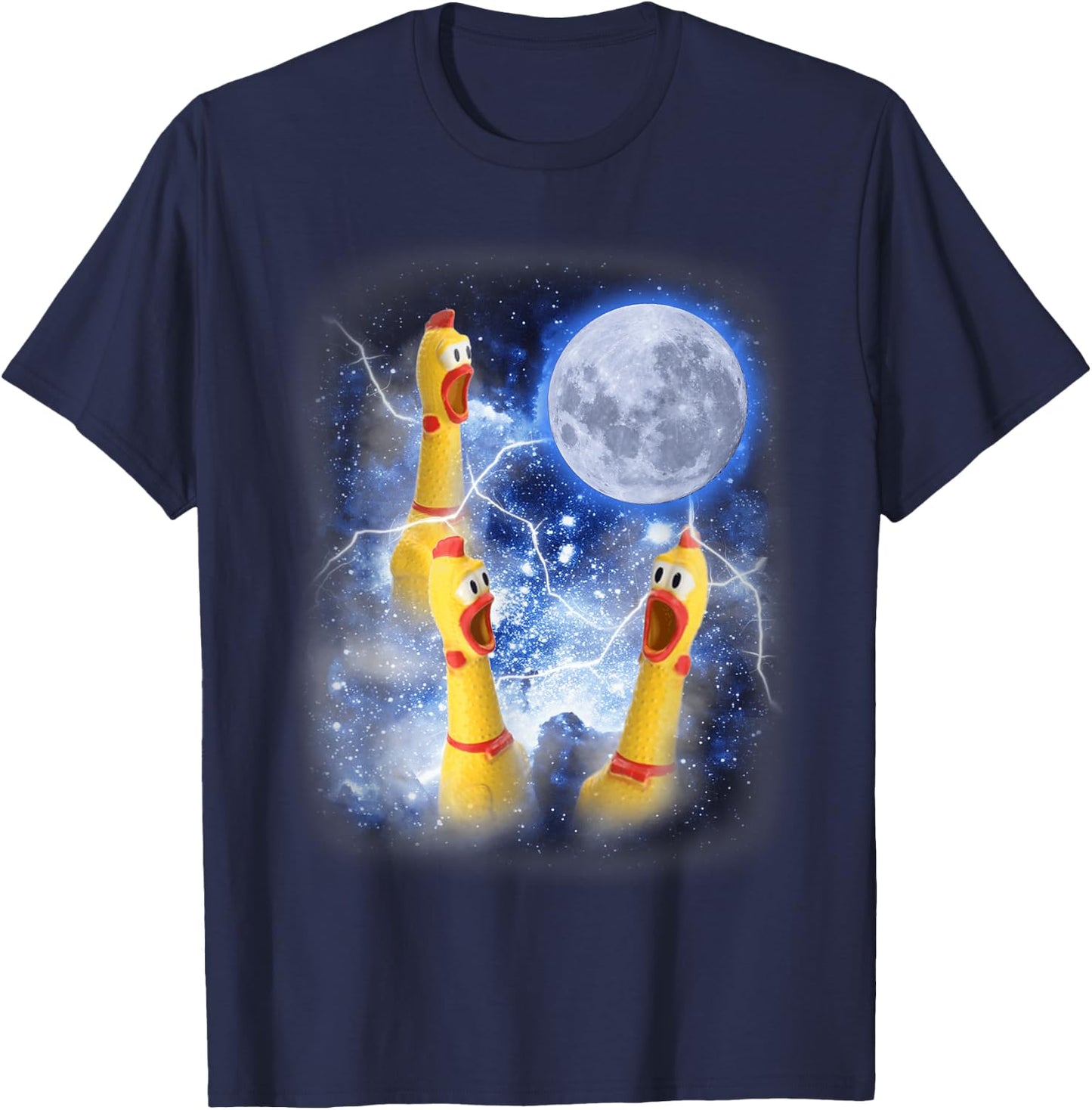 Three Rubber Chicken Moon Funny Screaming Fowl Cursed Joke T-Shirt - T-Shirt | Navy