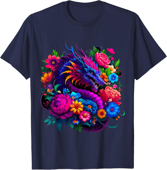 Floral Dragon , Small, Black T-Shirt - T-Shirt | Navy