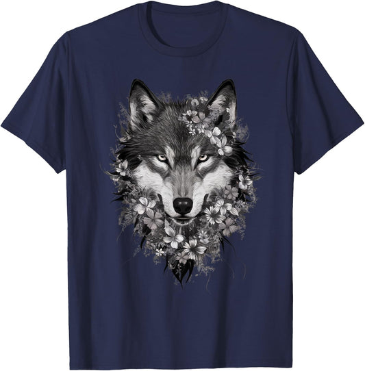 Floral Wolf Vintage Flowers Wolf Face for Wolves Lover T-Shirt - T-Shirt | Navy