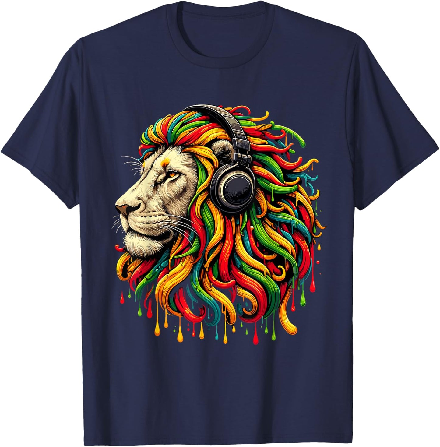 Rasta Reggae Headphones Jamaican Lion Music Judah T-Shirt - T-Shirt | Navy