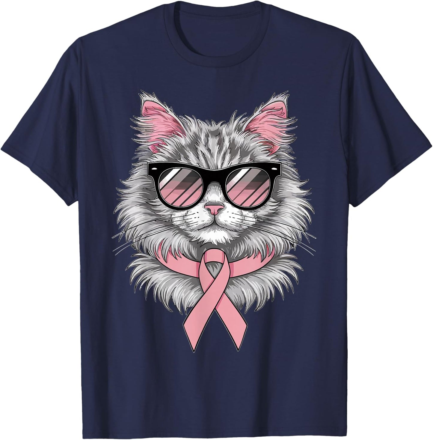 Cat Breast Cancer Awareness Cool Pink Ribbon Support T-Shirt - T-Shirt | Navy