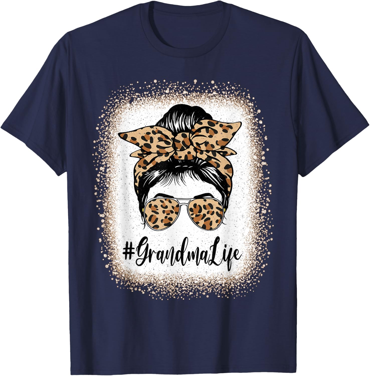 Grandma Life Bleached Leopard Messy Bun Mother's day T-Shirt - T-Shirt | Navy