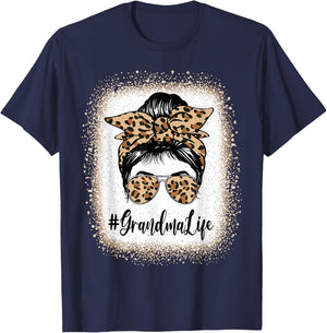 Grandma Life Bleached Leopard Messy Bun Mother's day T-Shirt - T-Shirt | Navy